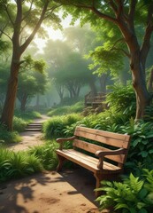Lush greenery and a sturdy wooden bench create a cozy forest atmosphere , garden, , calm