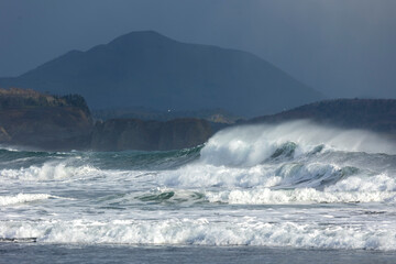 Pacific Ocean coast, rocks and waves. Kunashir. South Kurils