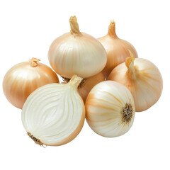 Fototapeta premium Fresh Raw Onions with One Onion Cut in Half on White Background