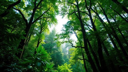 Naklejka premium Lush greenery and towering trees in a dense forest environment, with sunlight filtering through the canopy above, undergrowth, foliage