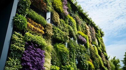 Lush Vertical Garden on Modern Building with Colorful Foliage