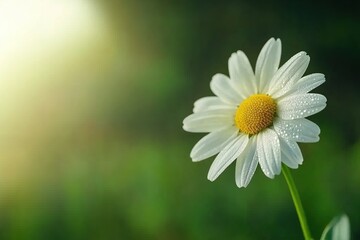 Fototapeta premium White daisy with dewdrops on petals against a blurred green background, illuminated by soft sunlight