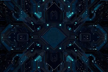 Abstract close-up of a glowing blue digital circuit board, showcasing intricate connections and technological design on a black background.
