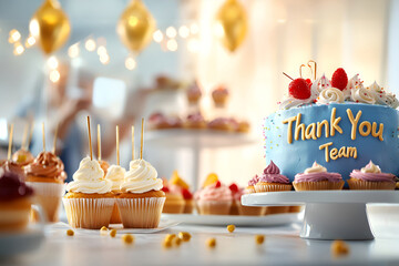 Thank you team celebration with cupcakes and decorative cake for special occasion, Employee Appreciation Day