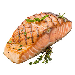 Grilled salmon steak isolated on transparent or white background  