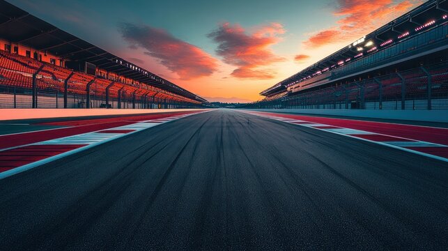 Empty race track at sunset, stadium background, racing