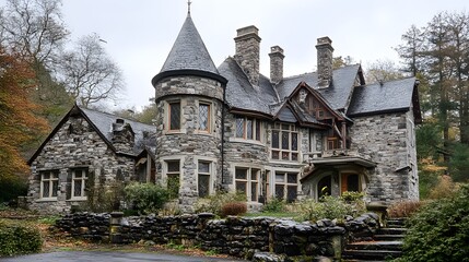 Fototapeta premium Majestic Stone House Surrounded by Lush Nature in Autumn Scenery