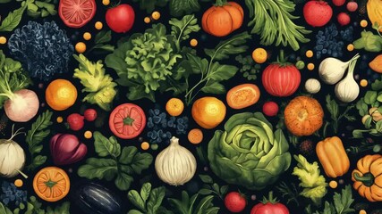 Vibrant vegetables seamlessly transition in colorful pattern for organic background