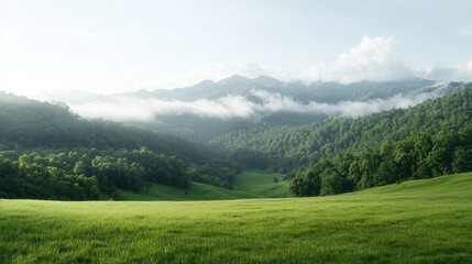 Obraz premium Misty mountain valley sunrise, green meadow, peaceful landscape, nature background