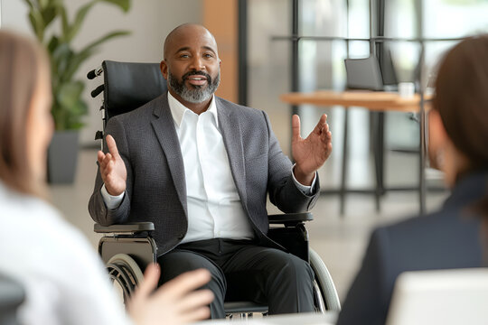 Man in suit in wheelchair at business meeting with diverse professionals discussing ideas in office