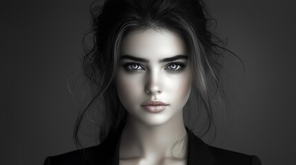 Striking woman light blue eyes immaculate fair complexion sophisticated black curls loose bun sharp suit black and white Ultra-Realistic Photo Realistic highly detailed 