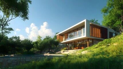 Obraz premium Modern house design surrounded by lush greenery and tranquility