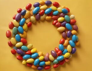 Obraz premium multiple colorful capsules arranged in a spiral pattern on a bright yellow surface , wellness, supplements