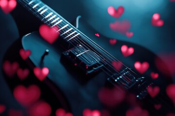 Fototapeta premium Black electric guitar with hearts, music love concept.