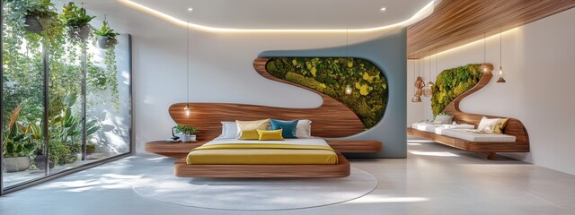 Levanto bedroom with curved walls transitioning from light gray to cobalt blue, highlighted by recessed lighting integrated into the ceiling. The bed