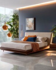 Levanto bedroom with walls painted in a gradient of taupe to deep navy blue, illuminated by dynamic LED strips creating a dramatic ambiance. The bed