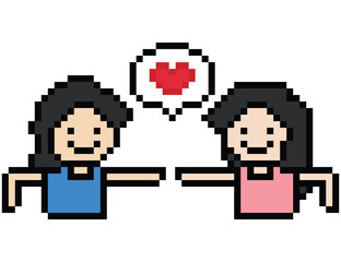 Cute pixel cartoon 8bit character couple together feel love happy heart soulmate relationship decoration 8 bit couple in love valentine day game isolated PNG vector.