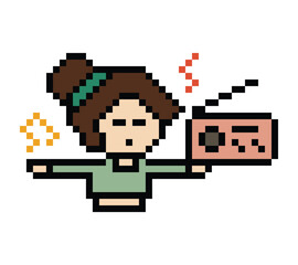 Fototapeta premium Cute cartoon pixel character woman exercises listen music dance lifestyle music decoration life style 8 bit female girl dance lady music game 8bit listen love isolated PNG vector.
