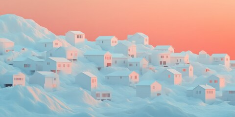 Minimalistic white houses scattered over snow-covered hills under a warm pink sunset