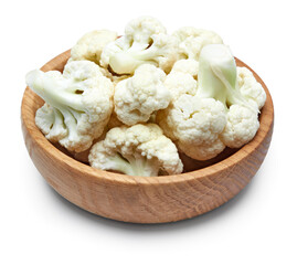 sliced cauliflower in wooden bowl isolated on white background. head of cauliflower. clipping path