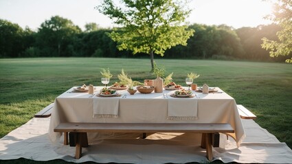 Beautiful outdoor dining setup with a wooden table, fresh salads, and drinks under a tree