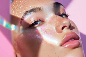 A close-up view highlights facial features illuminated by colorful prismatic reflections. The patterns blend beautifully with the skin, adding a playful touch to the vibrant aesthetic