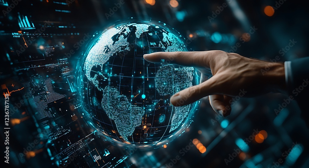 Aufkleber hand interacts with a digital globe displaying data streams and network connections, visualizing glo