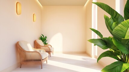 Fototapeta premium Sunlit interior scene featuring two beige armchairs with light wood frames, a large green plant, and warm toned walls. Minimalist design with natural elements and soft lighting.