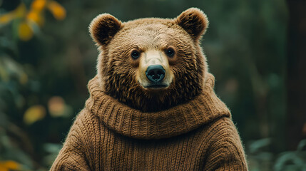 Obraz premium Brown bear wearing a thick cozy sweater standing confidently with a warm and charismatic presence exuding comfort and sophistication ultra-detailed high-quality studio portrait