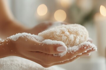 Fototapeta premium Therapist gently applies a sugar scrub to a woman's skin, with blurred towels and essential oils adding to the calming atmosphere of the spa