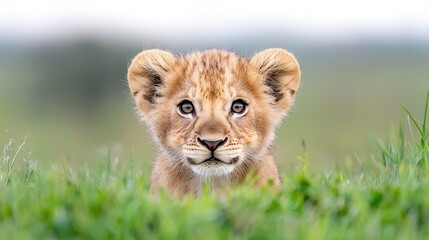 Lion cub peering from grass, African savanna, wildlife