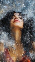 Obraz premium Woman, curly hair, flour, beauty, studio, serene, photoshoot, lifestyle.