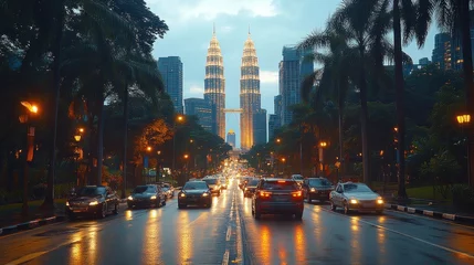 Crédence en verre imprimé Evening city street traffic, rain, Kuala Lumpur, skyscrapers
