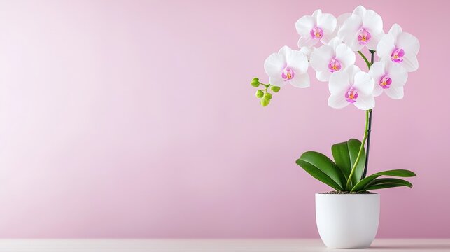 White orchid in pot on pink background