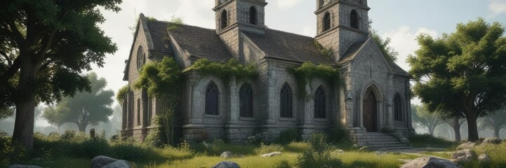 Fototapeta premium Historic grey stone church with overgrown vegetation and a rustic charm, rustic charm, historic grey stone church, church exterior