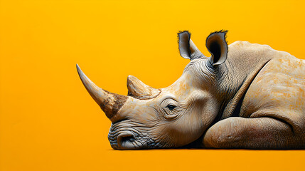 Rhino standing confidently against a solid yellow background in a professional studio setting exuding power dominance and elegance ultra-detailed high-quality studio portrait