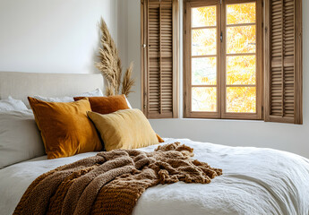 
Beige bedroom with wooden shutters, white walls, and a bed adorned in autumnal decor, including orange pillows, a yellow pillow, and a brown throw blanket.