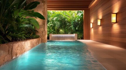 Tranquil indoor pool with cascading water feature, surrounded by lush tropical plants and warm wood walls. Soft lighting creates a serene atmosphere.