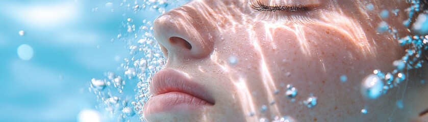 Fototapeta premium A woman is captured partially submerged underwater, her face serene and illuminated by soft ripples and light refracting through the water, creating an ethereal atmosphere