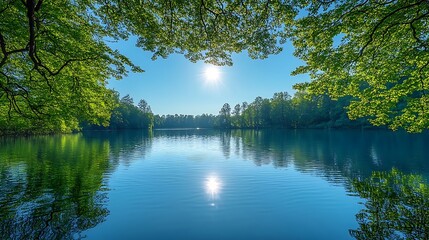 Fototapeta premium Sunny lake trees reflection daytime
