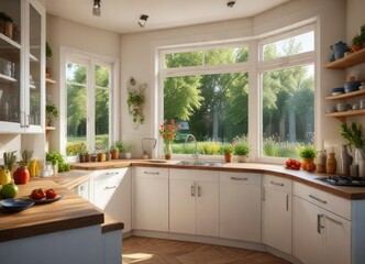 Kitchen with a large window overlooking a garden, bright colors, warm atmosphere