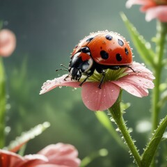 Fototapeta premium Ladybug enjoying the freshness of dew-kissed flower , fresh scent, flower, ladybug