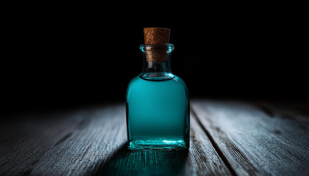 Mystical elixir in glass bottle with cork. Blue magic potion on wooden table.