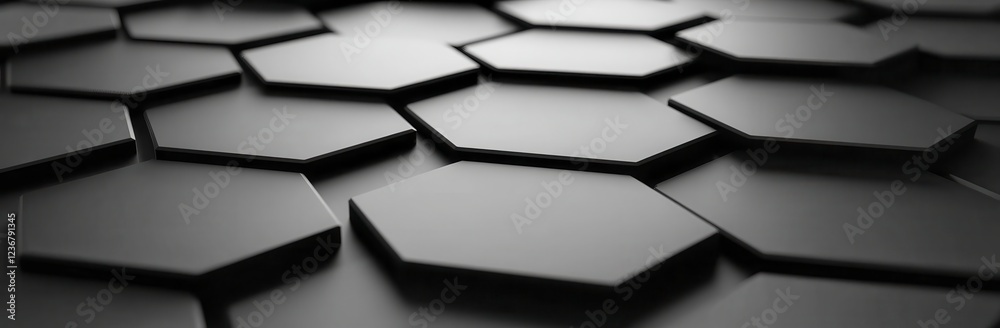 Poster abstract grayscale image of overlapping hexagonal shapes creating a textured surface. the hexagons a