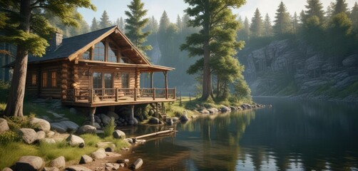 Log cabin nestled among the trees and overlooking the lake, peaceful, trees, serene