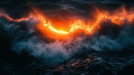 Fototapeta premium Fiery Sunset Waves Ocean, Dramatic Seascape