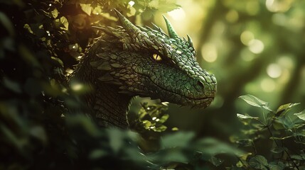 A highly detailed depiction of a green dragon's head partially concealed by lush foliage in a vibrant forest setting. The dragon features textured scales, sharp horns, and an intense golden eye, evoki