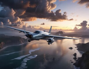 Low flying plane over a coastal area at dusk with some white clouds and darker grey clouds, aircraft, wave