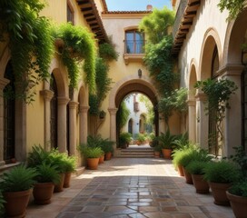 Naklejka premium Lush greenery and arched windows in a traditional Spanish courtyard, exterior, architecture, landscape