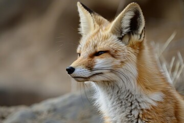 Fototapeta premium Close up portrait of a wild red fox resting in its natural habitat, showcasing the beauty of wildlife